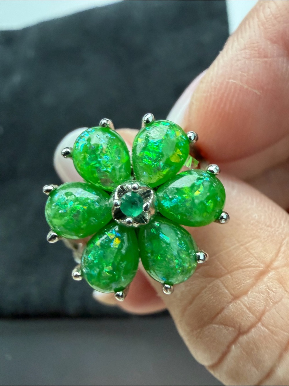 Green Fire Opal Flower Ring 925 Sterling Silver Floral Statement Size 7.5